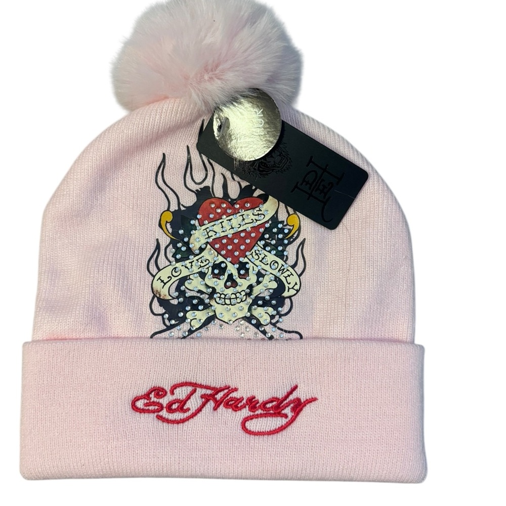 Ed Hardy Pink Beanie with Skull and Heart Design